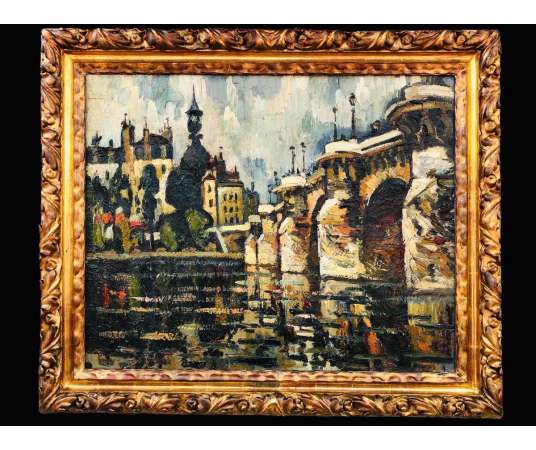Dumont Pierre Painting 20th Century Paris Pont Neuf On The Seine Signed Oil Painting On Canvas - Landscape Paintings