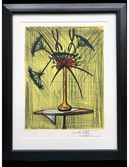 Buffet Bernard Still Life With A Vase Of Flowers On A Pedestal Table Justified Color Lithography - lithographs-Bozaart