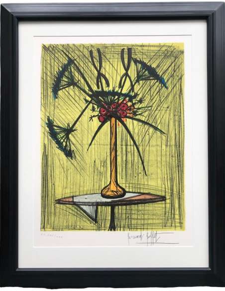 Buffet Bernard Still Life With A Vase Of Flowers On A Pedestal Table Justified Color Lithography - lithographs-Bozaart