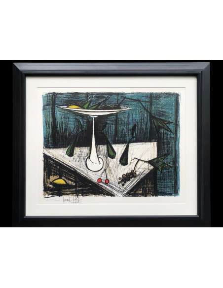 Buffet Bernard Still Life With Fruit Cup Midnight Blue Background Justified Color Lithography - lithographs-Bozaart