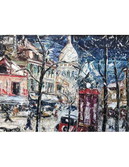 Genin Lucien Painting 20th Century Paris Montmartre The Place Du Tertre In Winter Signed Oil - Landscape Paintings-Bozaart