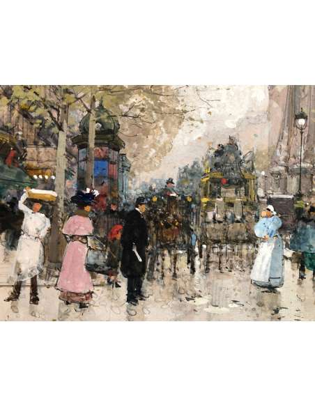 Galien Laloue Eugène French Painting 20th Paris Animation Boulevard St Denis Gouache Signed - Tableaux scènes de genre-Bozaart