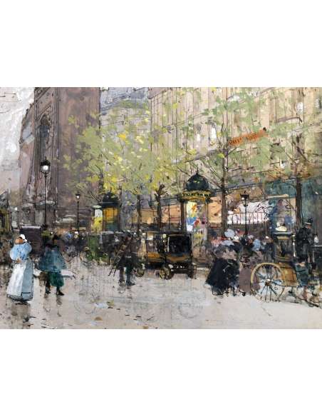 Galien Laloue Eugène French Painting 20th Paris Animation Boulevard St Denis Gouache Signed - Paintings genre scenes-Bozaart