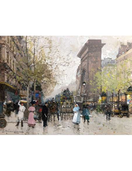 Galien Laloue Eugène French Painting 20th Paris Animation Boulevard St Denis Gouache Signed - Paintings genre scenes-Bozaart