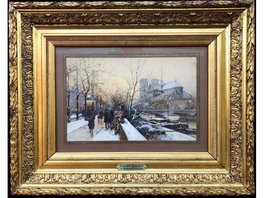 Galien Laloue Eugène Painting 20th Century Paris Booksellers In Front Of Notre Dame Signed Gouache