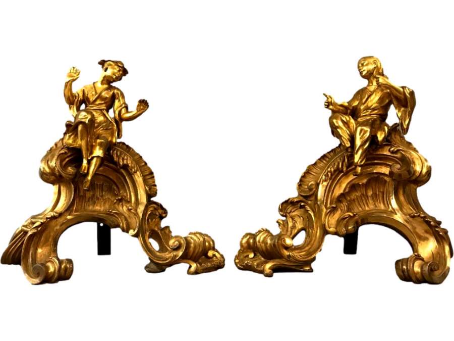 Pair Of Delightful Gilded Bronze Chinese Fireplace Fires From The 19th Century