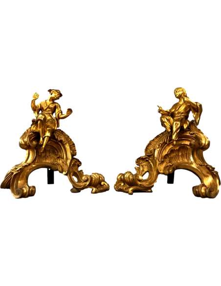 Paire De ravissants de feux De cheminée En Bronze Doré Aux Chinois D’époque 19ème - chenets, accessoires de cheminée-Bozaart