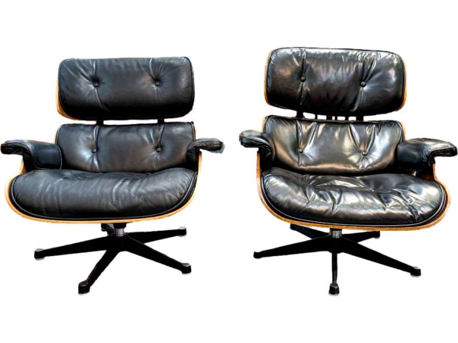 Charles EAMES: Chaise longue et son pouf+ en cuir de 20e siècle