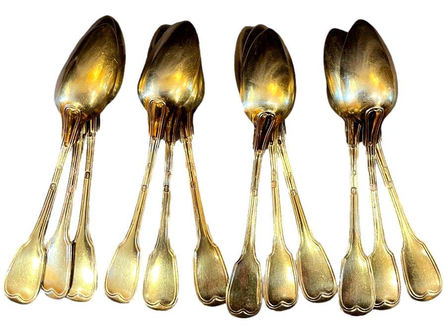 Series Of 12 Coffee Spoons In Vermeil, Old Man's Hallmark. XIXth century period - cutlery, housewives