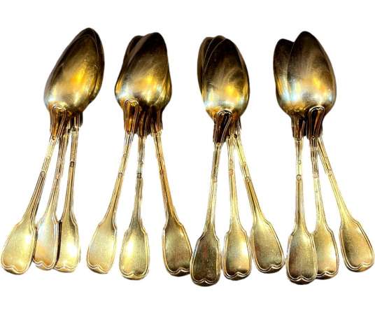 Series Of 12 Coffee Spoons In Vermeil, Old Man's Hallmark. XIXth century period - cutlery, housewives