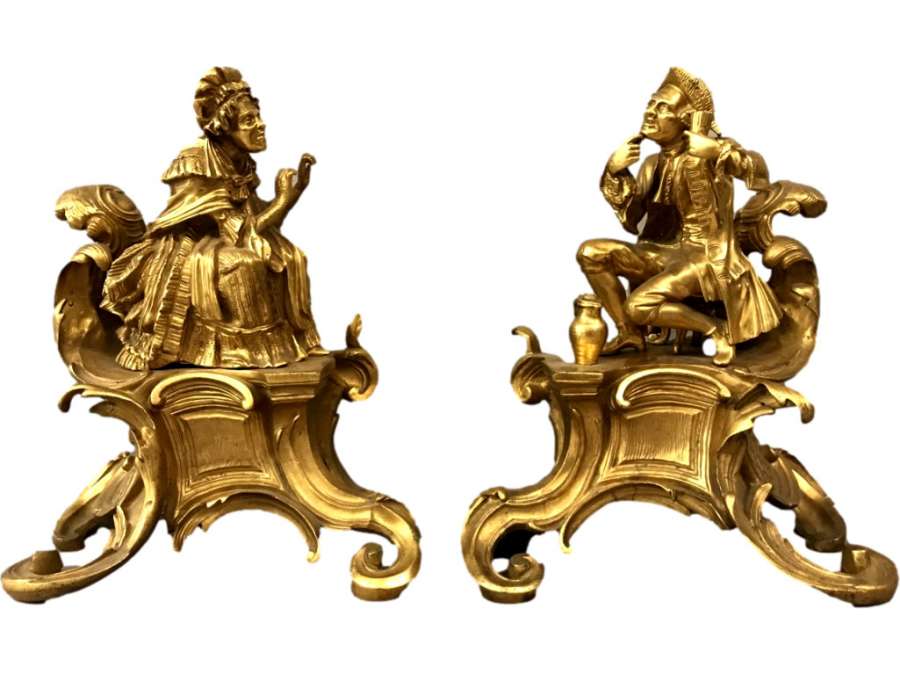 Chenets D’époque 19ème En Bronze Doré - chenets, accessoires de cheminée