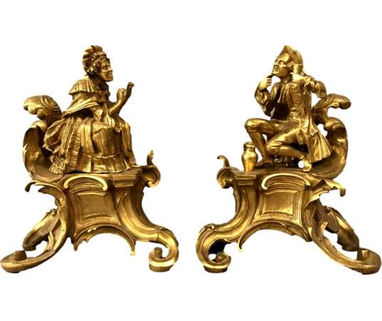 19th century Gilded Bronze Chenets - chenets, fireplace accessories