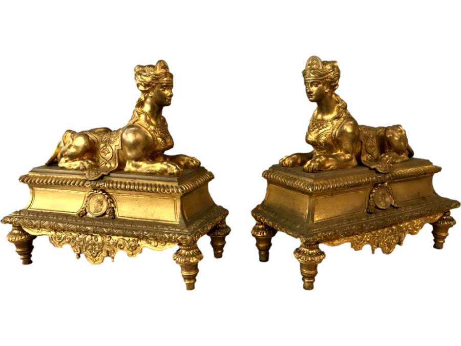 Chenets En Bronze Doré Aux Sphinx D’époque 19ème - chenets, accessoires de cheminée