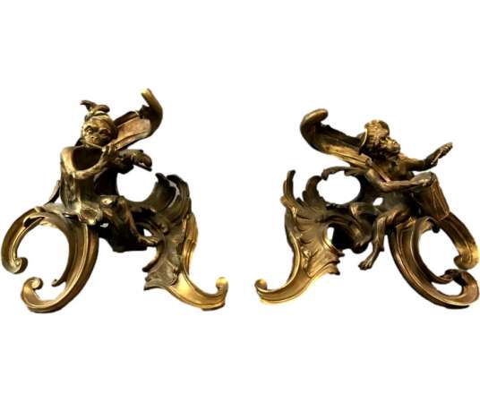 Chenets anciens En Bronze Singe d'époque 19ème - chenets, accessoires de cheminée