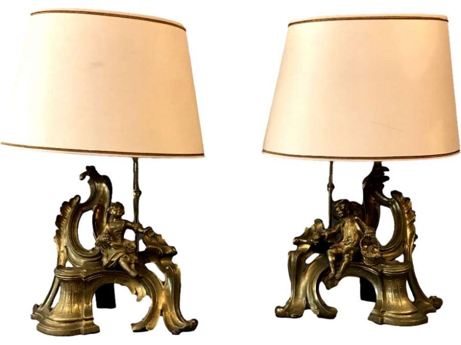 Paire De Chenets anciens Montés En Lampe d'époque 19ème - lampes