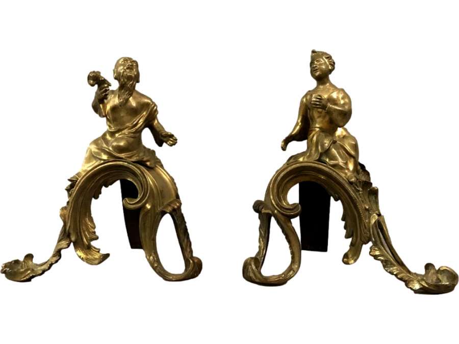 Chenets Aux Chinois En Bronze D’époque 18ème - chenets, accessoires de cheminée