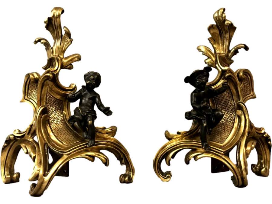 Pair Of Bronze Caterpillars Decorated With Characters From The 19th Century