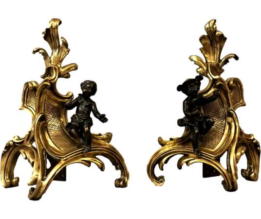 Pair Of Bronze Chenets Decorated With Characters From The 19th Century - chenets, fireplace accessories