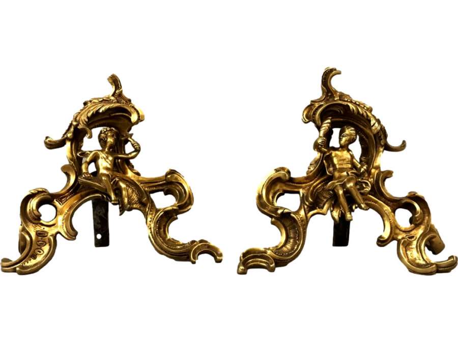 Pair Of Gilded Bronze Chenets From The 19th Century Decorated With Characters