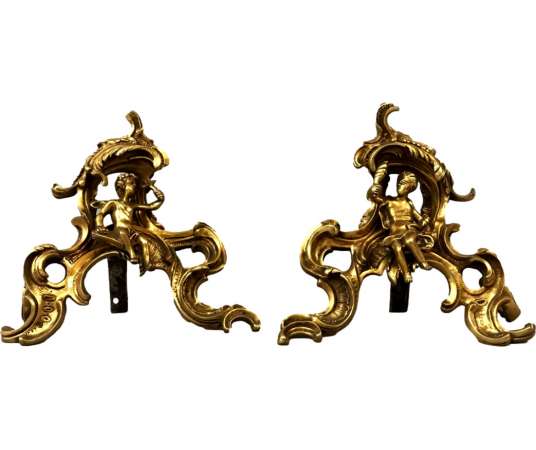 Pair Of Gilded Bronze Chenets From The 19th Century Decorated With Characters - chenets, fireplace accessories