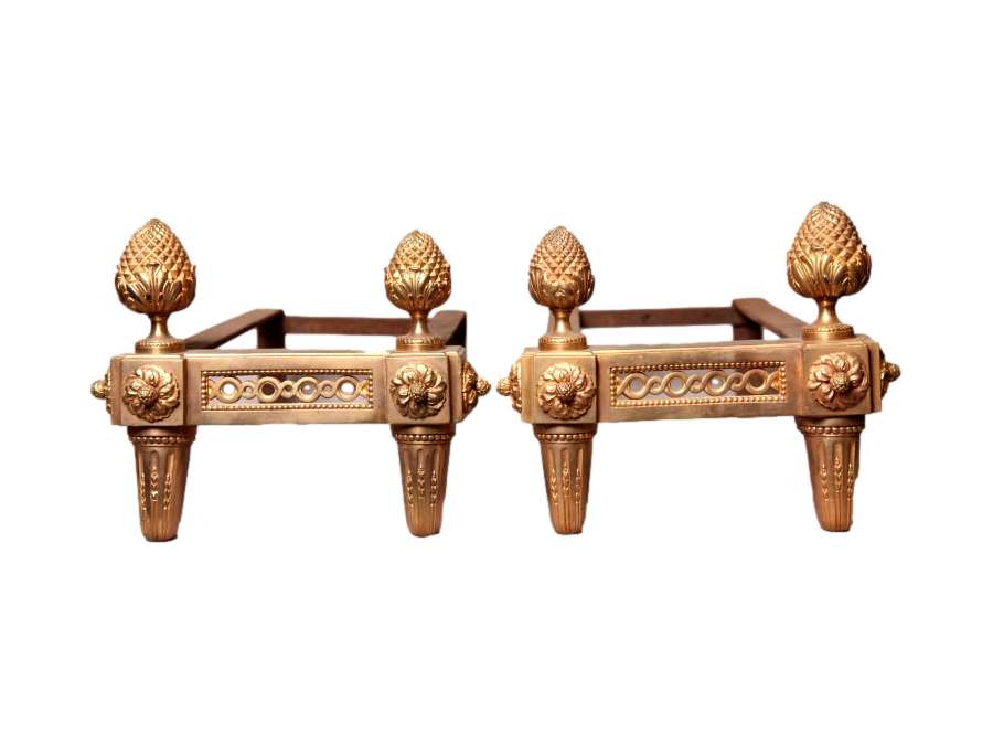 Pair Of Old Gilded Bronze Chenets from the 18th Louis XVI period - chenets, fireplace accessories