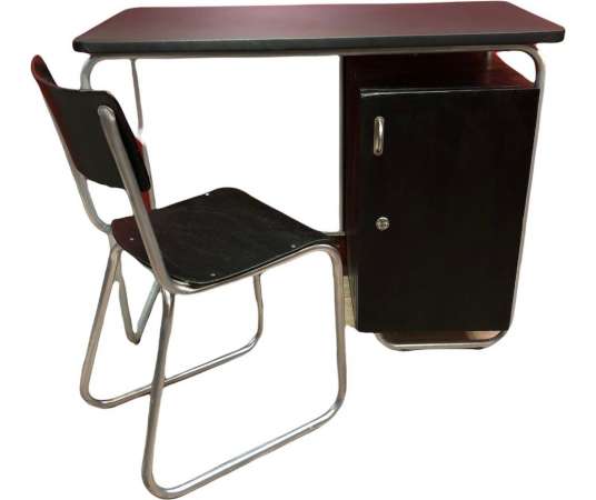 Bauhaus-style Desk In Painted Wood And Tubular Metal Legs Tray Covered With Leatherette - Desks