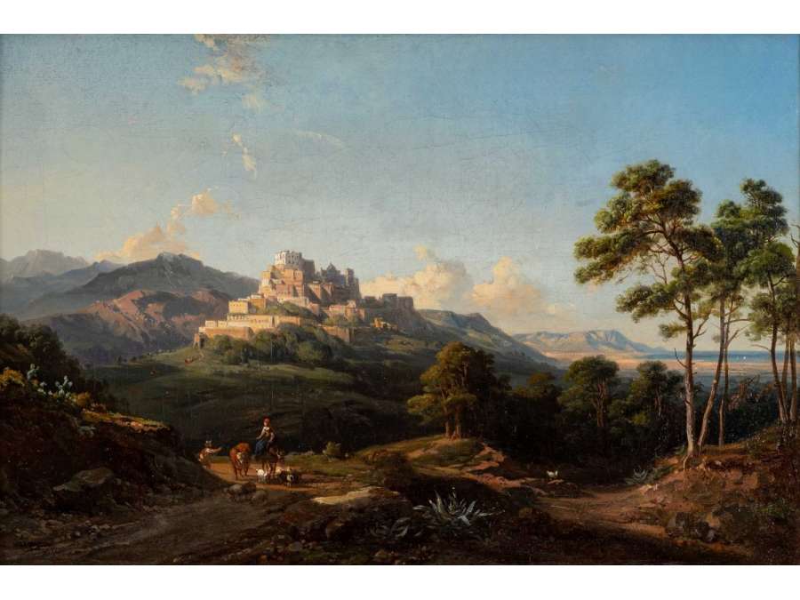 Jean-charles-joseph RÉMOND (1795- 1875)- Animated landscape, View Of Cagnes-sur-Mer, Circa 1840. - Landscape paintings