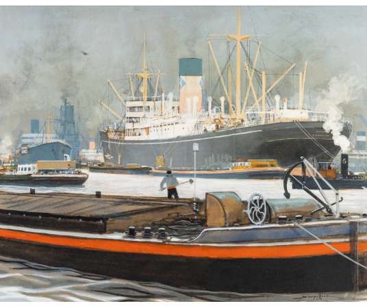 Sandy HOOK (1879 -1960 ) Peintre officiel de la Marine - Anvers - Vue Des Docks. - Tableaux marine