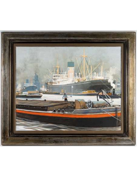 Sandy HOOK (1879 -1960 ) Official Painter of the Navy - Antwerp - View Of The Docks. - Marine paintings-Bozaart