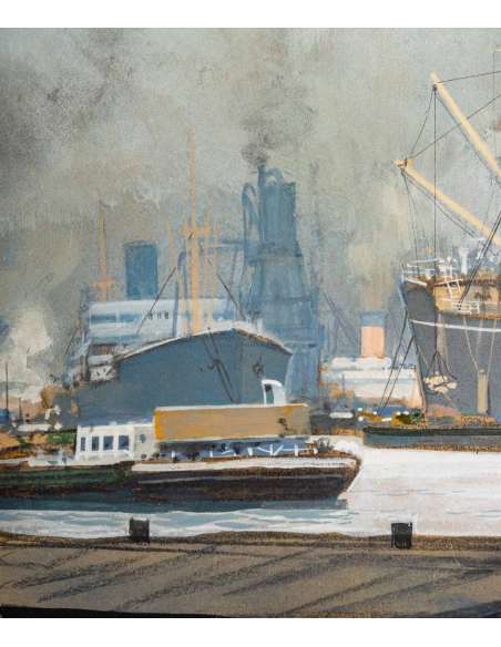 Sandy HOOK (1879 -1960 ) Peintre officiel de la Marine - Anvers - Vue Des Docks. - Tableaux marine-Bozaart