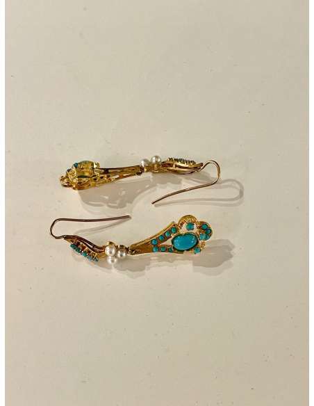 Pair Of Gold, Turquoise And Pearl Earrings. - Earrings-Bozaart