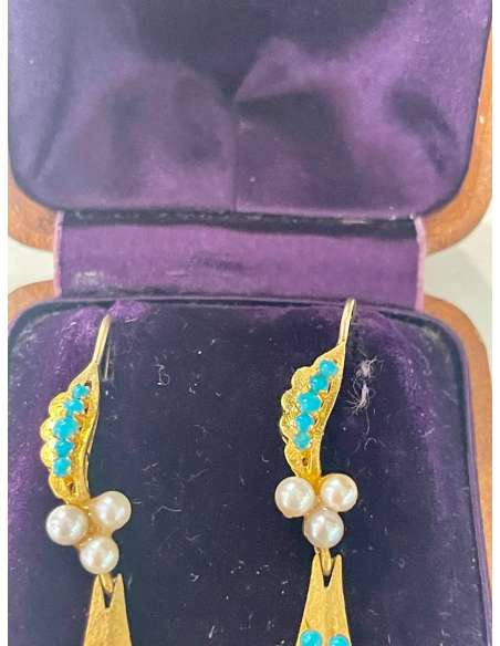 Pair Of Gold, Turquoise And Pearl Earrings. - Earrings-Bozaart