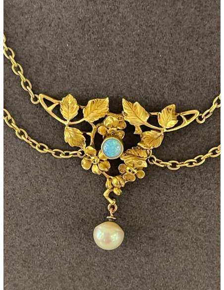Gold Drapery Necklace, Opals And Fine Pearls - Pendants - Medallions-Bozaart
