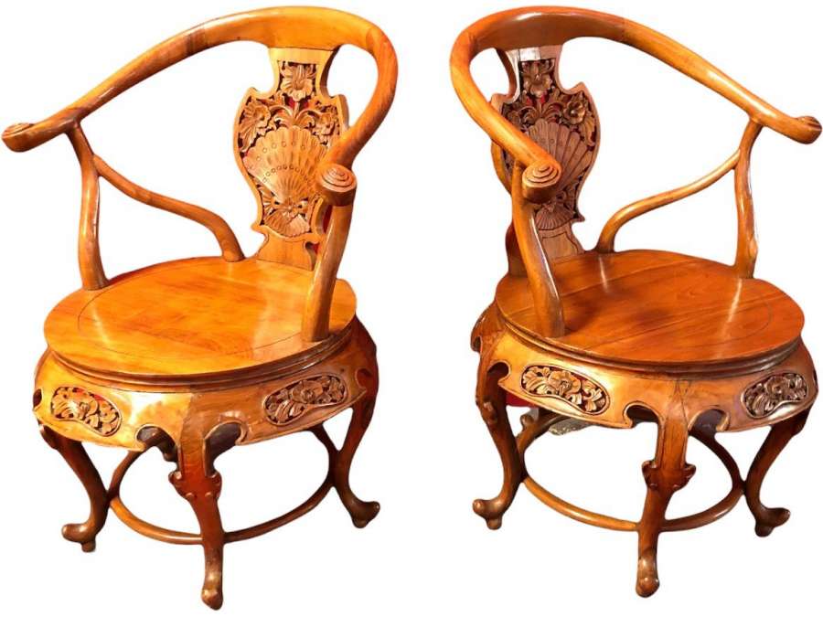 Pair Of Indochinese Armchairs? Made Of Elm From The 60s / 70s