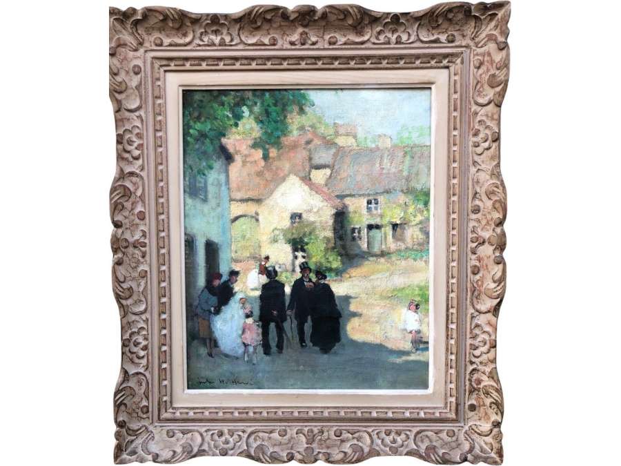 Herve Jules Painting 20th Century Day Of Communion in The Countryside Oil On Canvas Signed - Paintings genre scenes