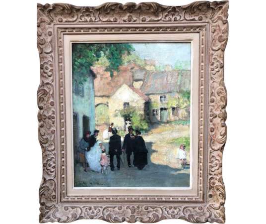 Herve Jules Painting 20th Century Day Of Communion in The Countryside Oil On Canvas Signed - Paintings genre scenes