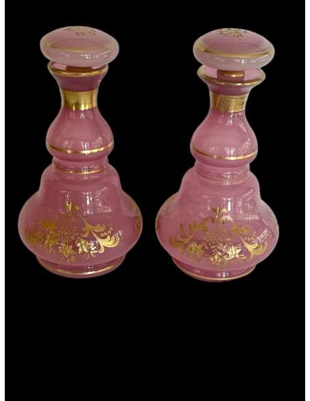 Pair Of Large Pink Opaline Flasks - Opalines, enameled glasses-Bozaart