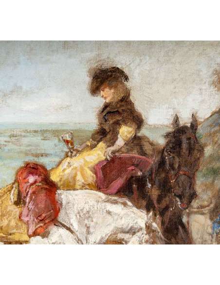 John, Lewis BROWN (1829, 1890) - La Halte à l’auberge face au Mont-Saint-Michel. - Tableaux autre genre-Bozaart