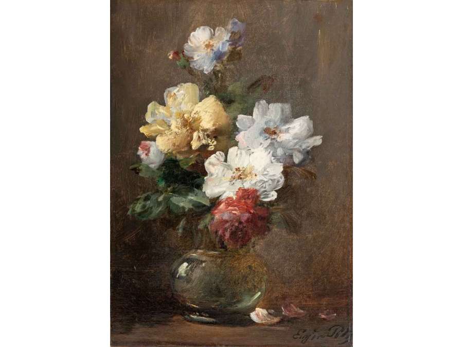 Eugene PETIT (1838 - 1886) - Flowers in a glass vase. - Still life paintings