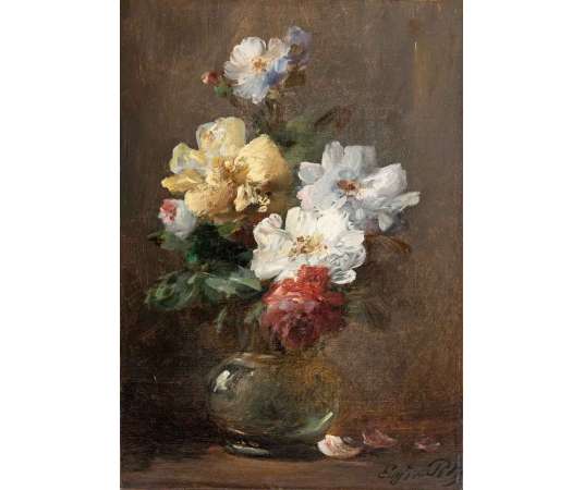 Eugène PETIT (1838 - 1886) - Fleurs dans un vase en verre. - Tableaux natures mortes