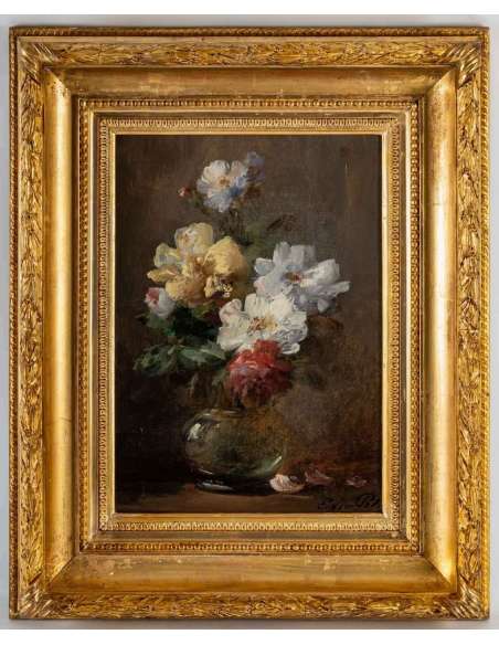 Eugène PETIT (1838 - 1886) - Fleurs dans un vase en verre. - Tableaux natures mortes-Bozaart