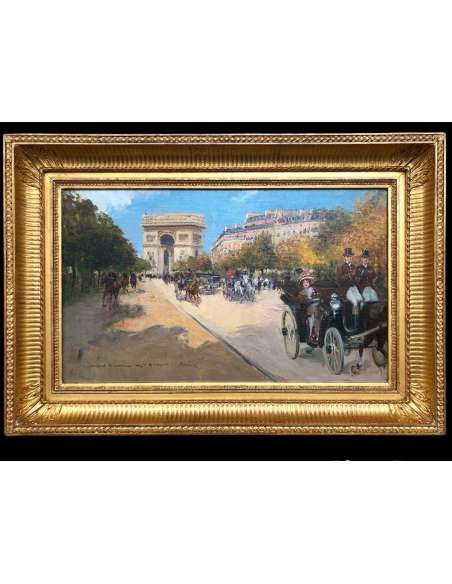 Stein Georges Paris Animation Avenue Foch Towards the Arc De Triomphe Oil On Canvas Signed - Paintings genre scenes-Bozaart