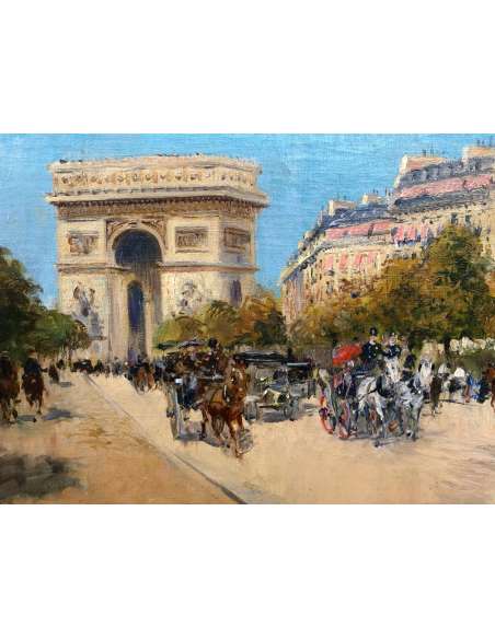 Stein Georges Paris Animation Avenue Foch Towards the Arc De Triomphe Oil On Canvas Signed - Paintings genre scenes-Bozaart