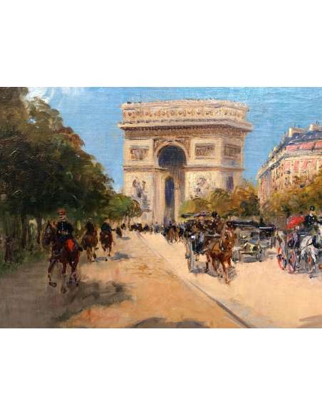 Stein Georges Paris Animation Avenue Foch Towards the Arc De Triomphe Oil On Canvas Signed - Paintings genre scenes-Bozaart