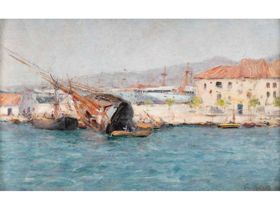 François NARDI (Nice, 1861 - Toulon 1936)- Le radoubage du navire dans la rade de Toulon.