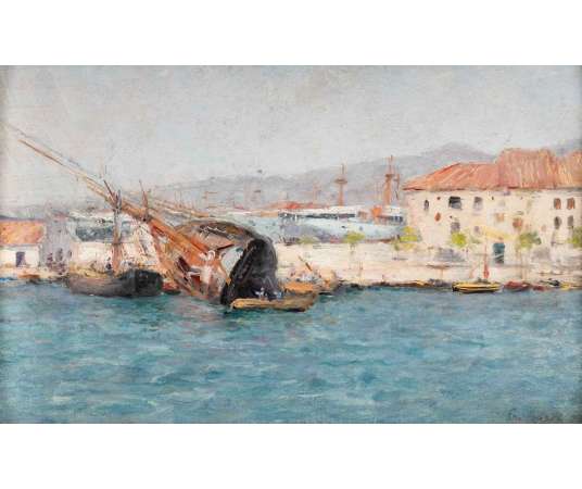 François NARDI (Nice, 1861 - Toulon 1936)- Le radoubage du navire dans la rade de Toulon. - Tableaux marine