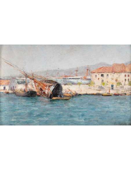 François NARDI (Nice, 1861 - Toulon 1936)- Le radoubage du navire dans la rade de Toulon. - Tableaux marine-Bozaart