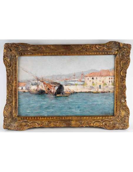 François NARDI (Nice, 1861 - Toulon 1936)- Le radoubage du navire dans la rade de Toulon. - Tableaux marine-Bozaart