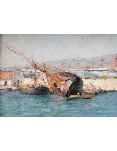 François NARDI (Nice, 1861 - Toulon 1936)- Le radoubage du navire dans la rade de Toulon. - Tableaux marine-Bozaart