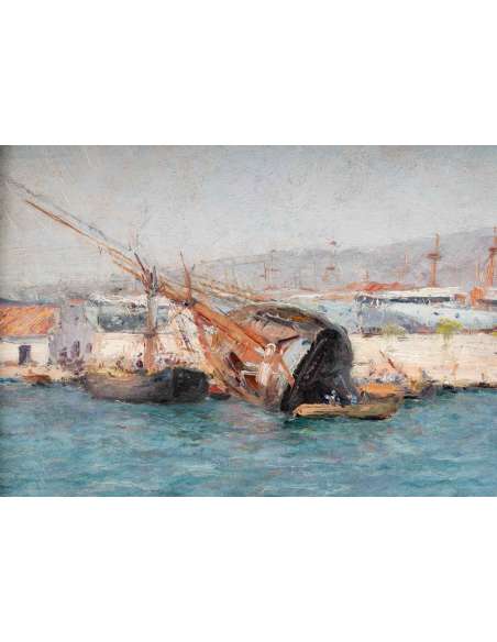 François NARDI (Nice, 1861 - Toulon 1936)- The refit of the ship in the harbor of Toulon. - Marine paintings-Bozaart